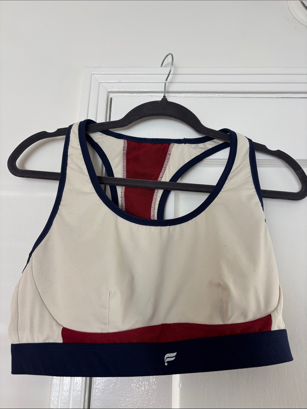 Athletic Colorblock Sports Bra - Cream & Navy with Red Accent